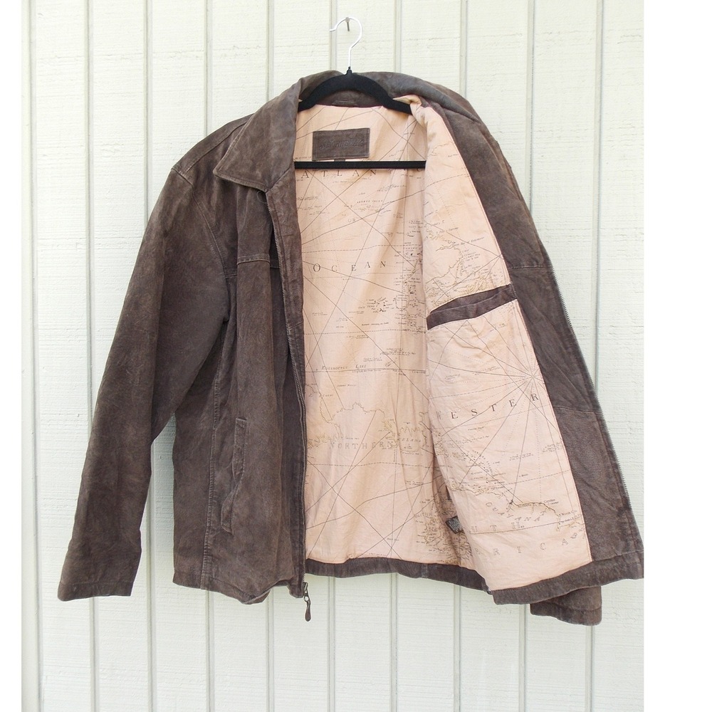 St Johns Bay Leather Jacket Suede Bomber Map Print Lining Mens Large Brown